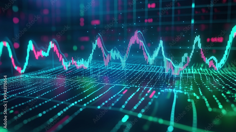 Poster abstract digital wave graph representing data trends and analytics in vibrant colors.