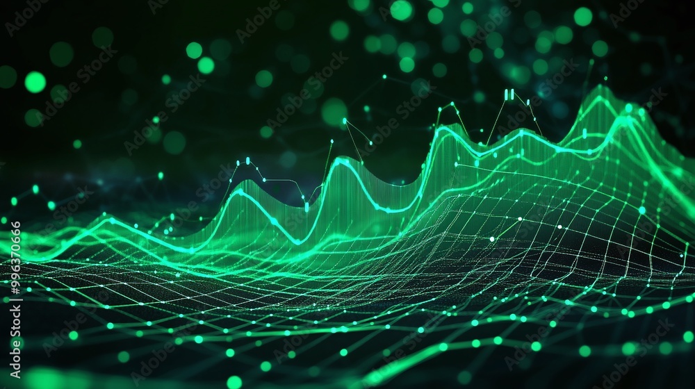 Poster abstract digital wave graph representing data analysis and technology with glowing green lines on a 