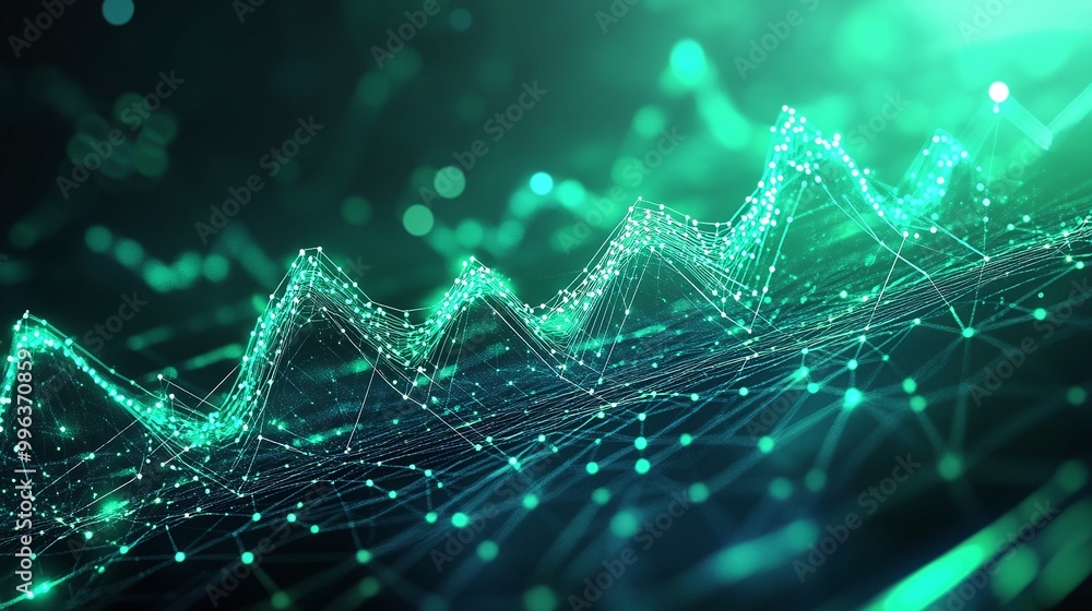 Poster abstract digital wave graph with glowing green lines and dots on a dark background.