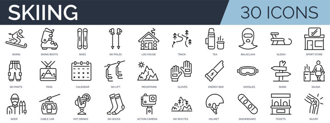 Set of 30 outline icons related to skiing. Linear icon collection. Editable stroke. Vector illustration