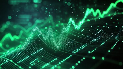 Fototapeta premium Abstract digital wave graph with glowing green lines on a dark background, representing data trends and analytics.
