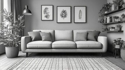 Gray couch with pillows in a modern living room.