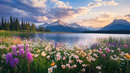 Stunning view of a flower blossom field by a lake with majestic mountains in the background