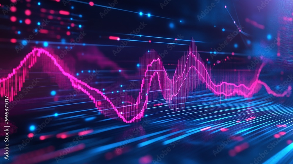 Poster abstract digital wave graph with vibrant neon colors and flowing lines on a dark background.