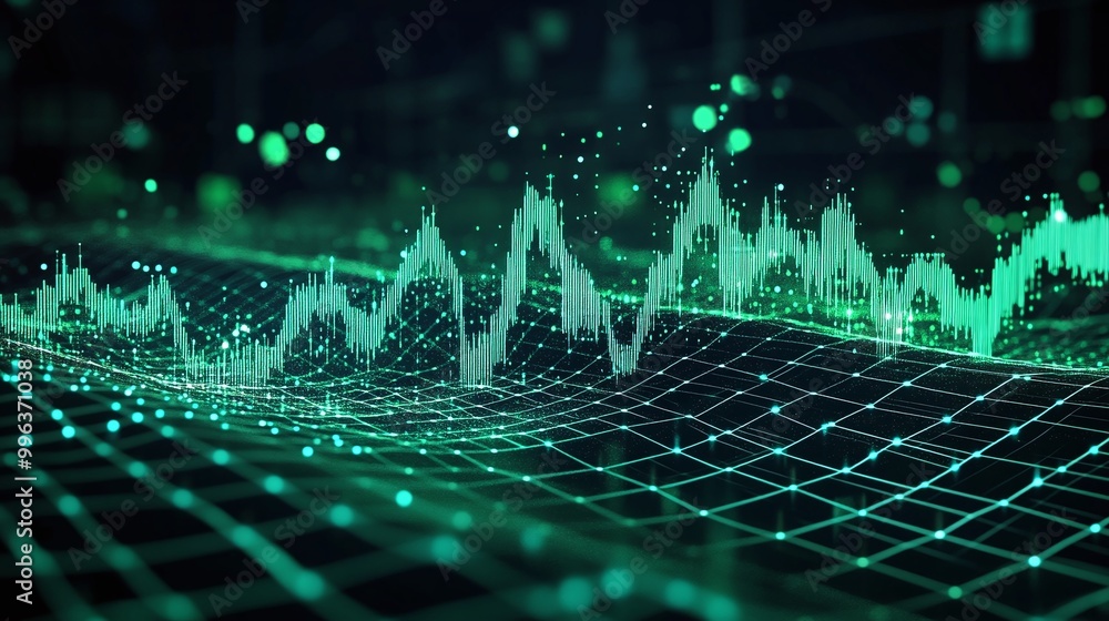 Poster abstract digital wave graphic in green tones, representing data flow and network patterns.