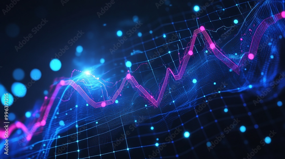 Poster abstract digital wave line with glowing particles and grid background, showcasing data visualization