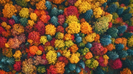 An amazing aerial view of a vibrant autumn forest, with a patchwork of red, yellow, and orange trees.