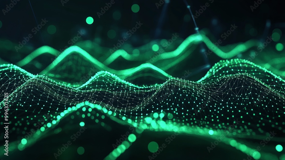 Poster abstract digital wave pattern in green representing data and technology.