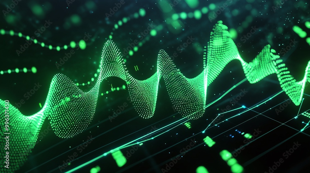 Poster abstract digital wave pattern in green tones, depicting sound or data visualization for technology c