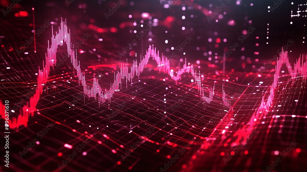 Poster abstract digital wave pattern in vibrant red and black tones, representing data visualization and an