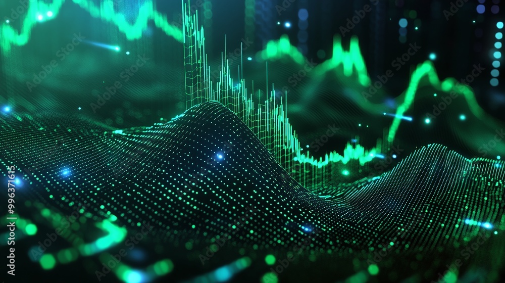 Poster abstract digital wave pattern in vibrant green tones representing data visualization and technology 