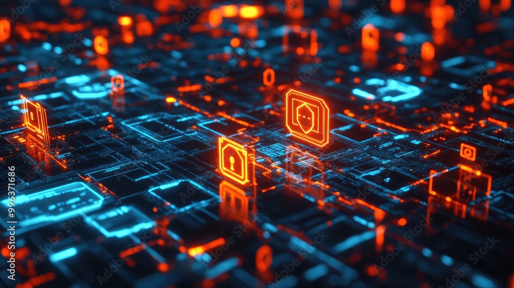 Poster a concept of ai cybersecurity, with glowing digital shields and locks, showing ai protecting data an