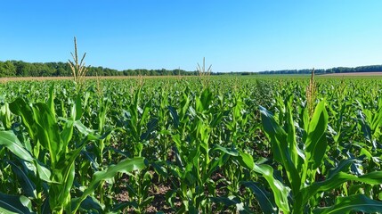 Fototapeta premium Vibrant green corn plants thrive in a sunny field under a clear blue sky showcasing the beauty of agricultural growth