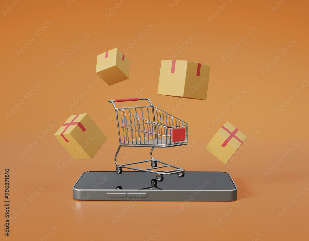 Poster 3d rendered illustration of mobile shopping concept from cart to delivery with smartphone, cart and 