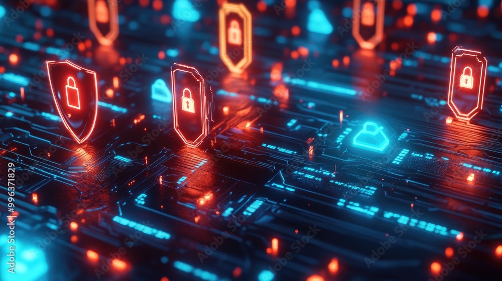 Poster a concept of ai cybersecurity, with glowing digital shields and locks, showing ai protecting data an