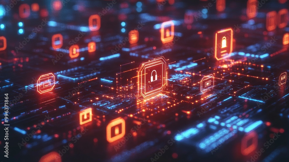 Poster a concept of ai cybersecurity, with glowing digital shields and locks, showing ai protecting data an