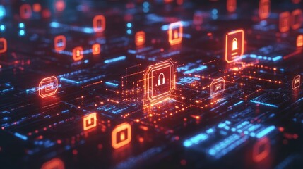 A concept of AI cybersecurity, with glowing digital shields and locks, showing AI protecting data and networks.