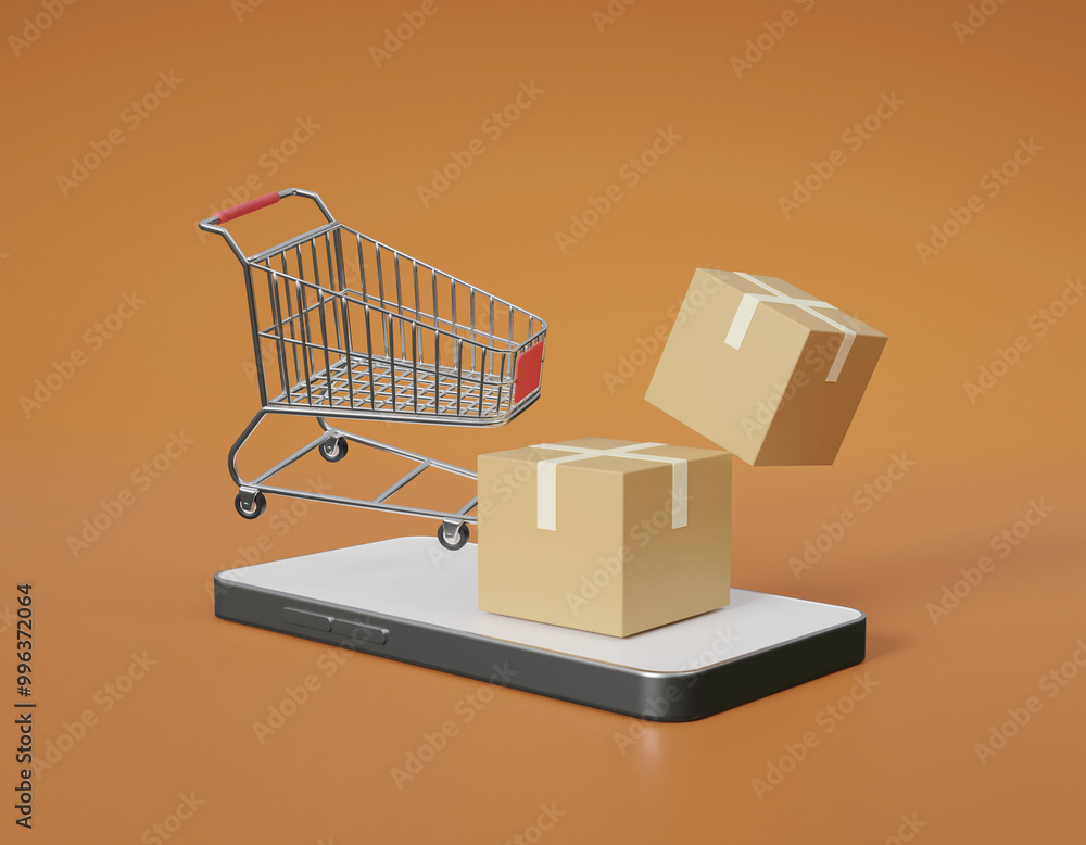 Poster 3d rendered illustration of mobile shopping concept from cart to delivery with smartphone, cart and 