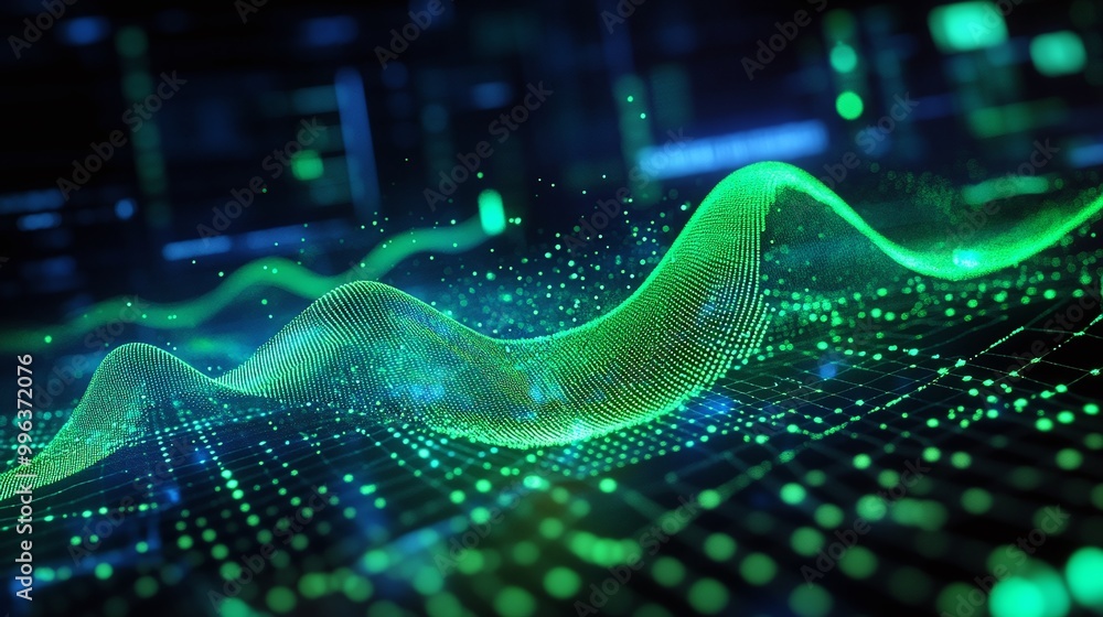 Poster abstract digital wave pattern with glowing green points on a dark background, representing data visu