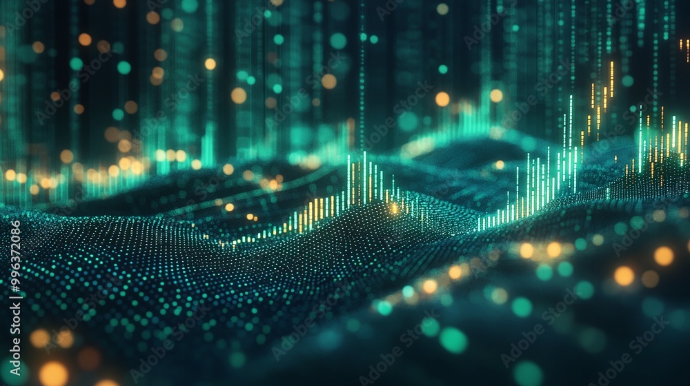 Poster abstract digital wave pattern with glowing lights and data visualization elements in a dark space.