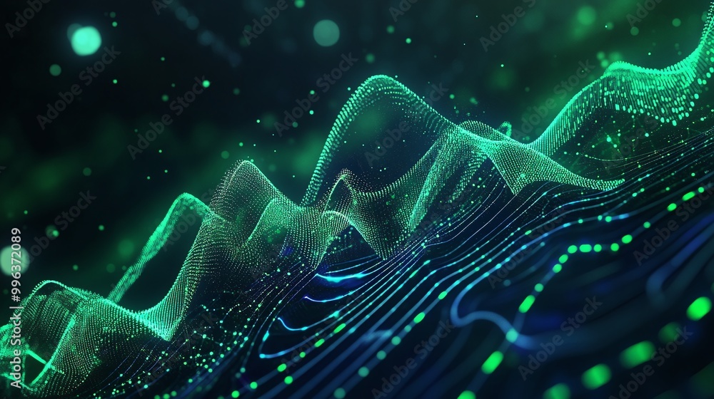 Poster abstract digital wave pattern with green and blue hues on a dark background, representing data visua