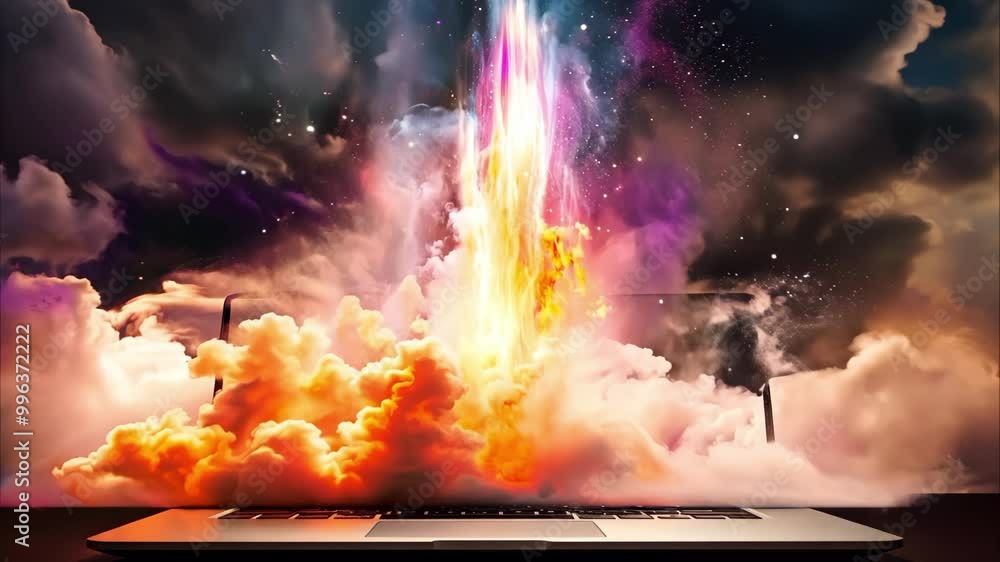 Poster a laptop displays an explosion of colorful clouds and light, blending technology with a dramatic vis