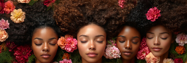 Four women with dark curly hair lay among pink and red flowers.