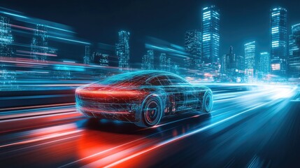 Fototapeta premium A futuristic car with AI autopilot, driving smoothly through a high-tech city, showcasing AI role in popular transportation solutions.