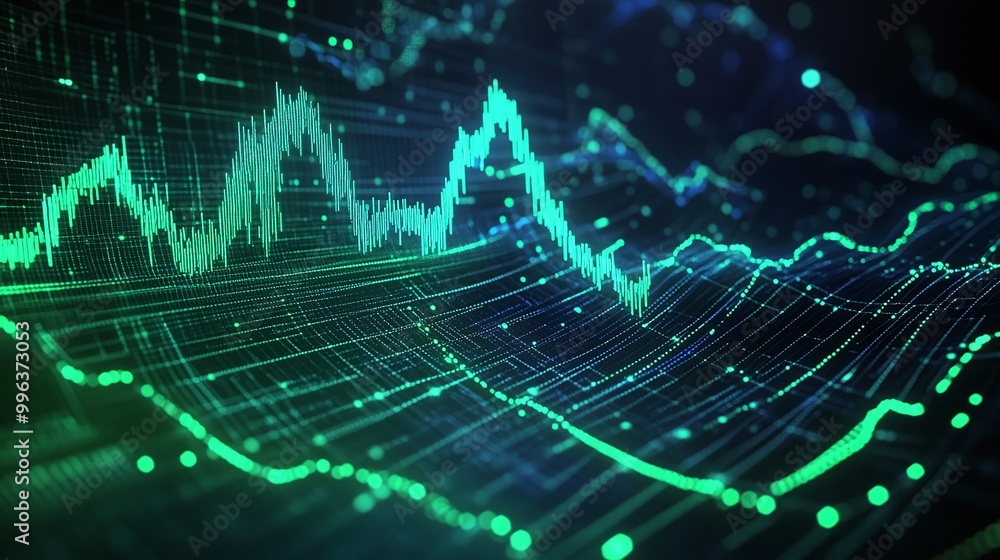 Poster abstract digital wave representing data analysis, featuring vibrant colors and dynamic patterns.