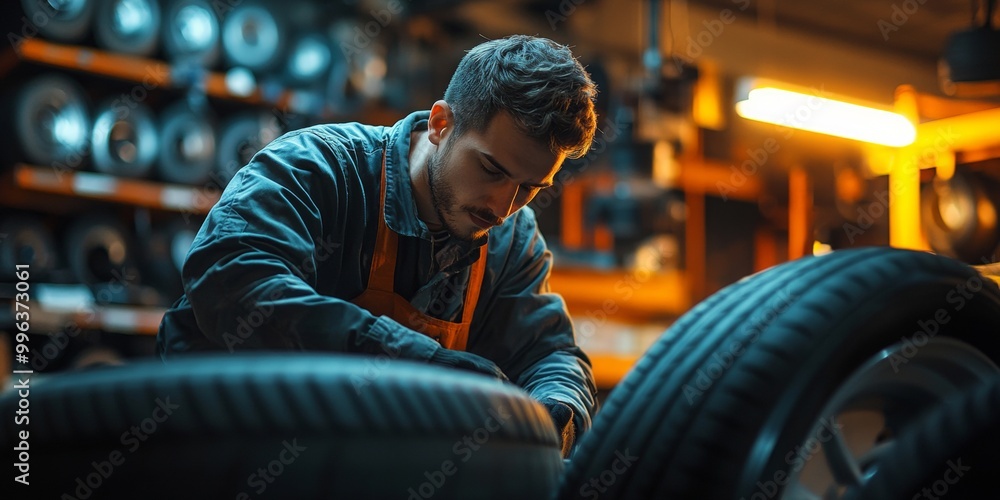 Poster tire balancing in a dimly lit workshop, mechanic at work, tire storage in soft focus, creating a con