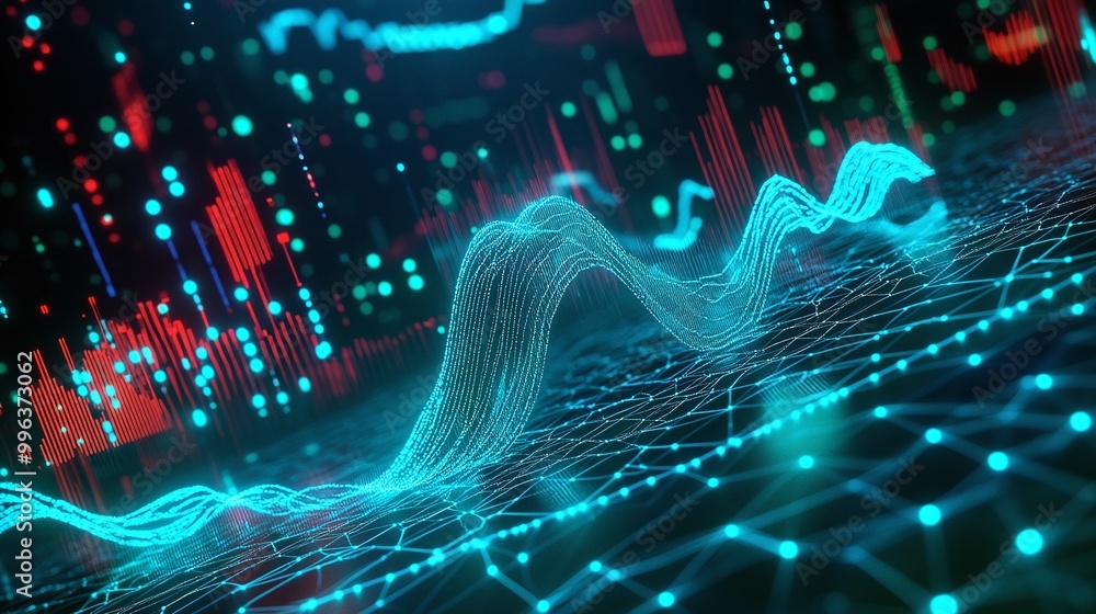 Poster abstract digital wave representation with vibrant colors, showcasing dynamic data flow in a futurist