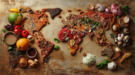 Mapa świata wypełniona potrawami z różnych krajów ukazuje kulinarną różnorodność naszej planety.  © Sawyer0