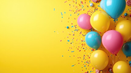 Vibrant balloons confetti and candies on a cheerful yellow backdrop perfect for a birthday celebration or greeting card featuring space for personalized text