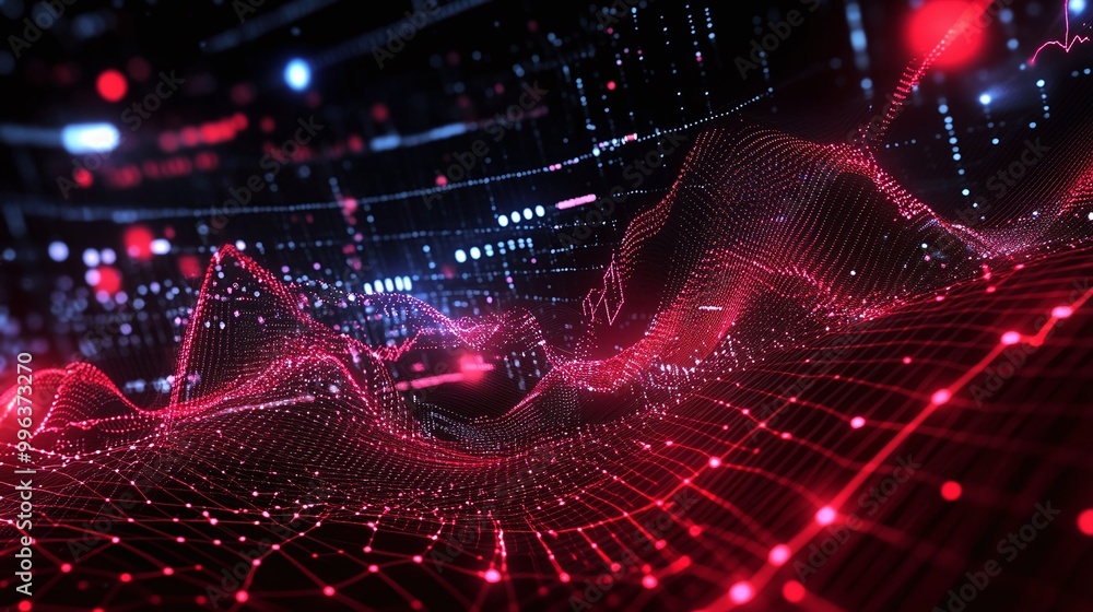 Poster abstract digital wave representing data flow in a futuristic environment with red and black hues.