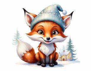 Fototapeta premium A little fox cub in a warm hat with a pompom is sitting against the background of a snow-covered forest.