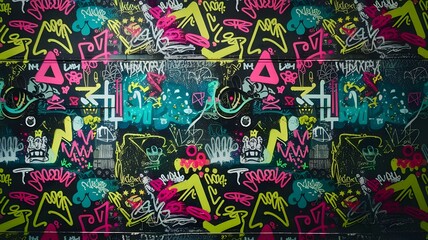 Obraz premium Neon Riot Urban Graffiti Patterns with Bold Tags, Street Icons, and Vibrant Spray Splatters.