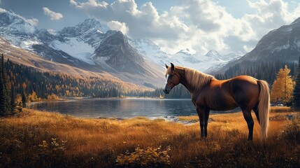 A majestic brown horse stands proudly with snow-capped mountains, a serene lake, and golden fields as a breathtaking backdrop.