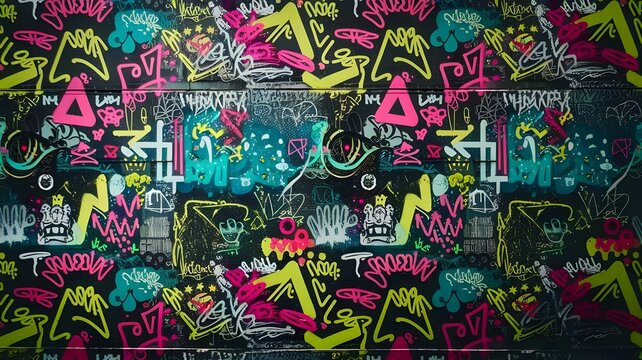 Neon Riot Urban Graffiti Patterns with Bold Tags, Street Icons, and Vibrant Spray Splatters. - Powered by Adobe