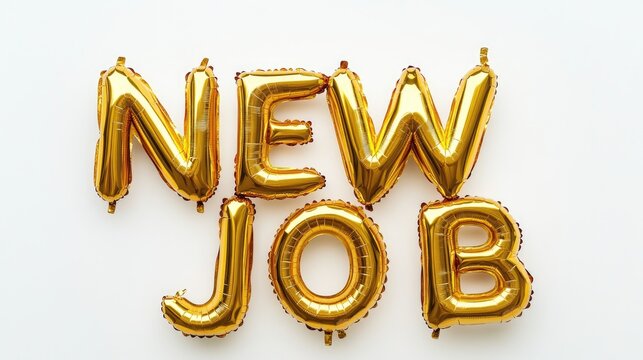 Inflatable balloon letters spelling NEW JOB isolated on a white background Gold foil balloons symbolize celebration career transitions and new aspirations
