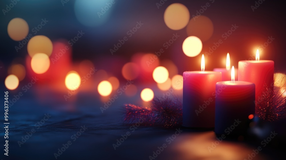 Poster candle lights shine against a blurred festive backdrop creating a decorative and abstract setting fo