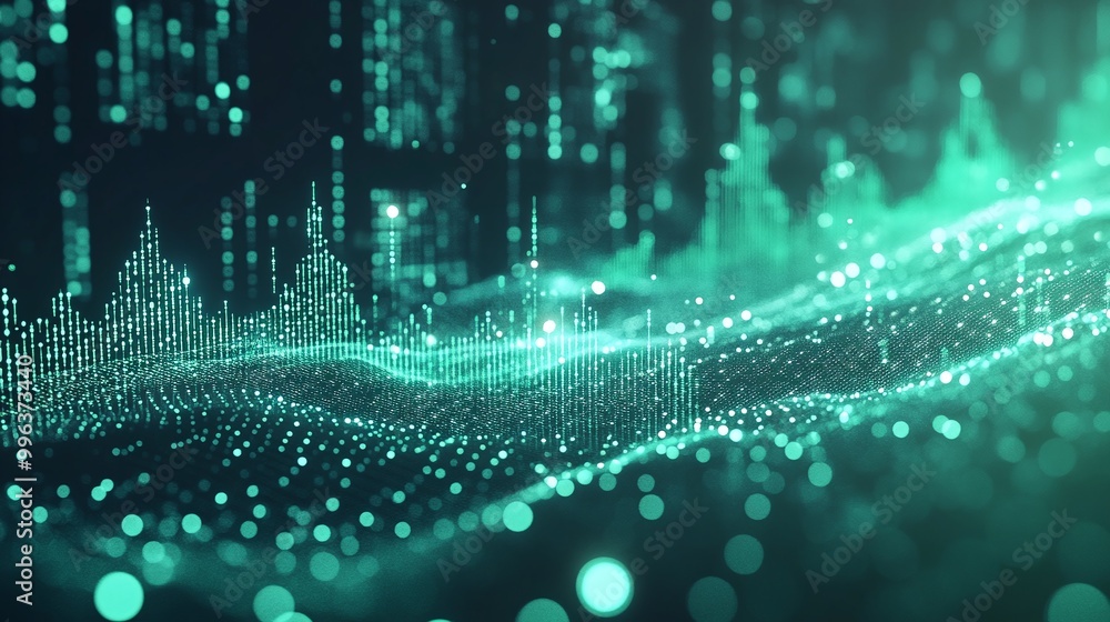 Poster abstract digital wave with glowing dots and lines, representing data flow or sound wave, on a dark b