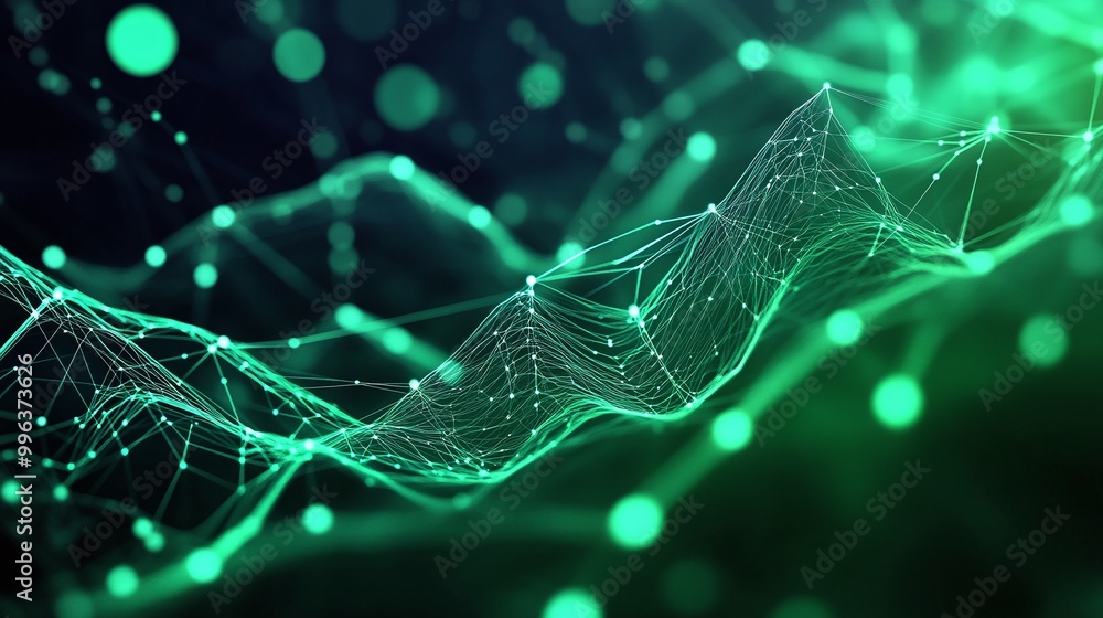 Poster abstract digital wave with glowing green dots on a dark background, representing data flow and conne