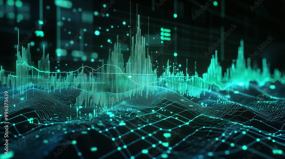 Poster abstract digital wave with glowing green lines and data points on a dark background.