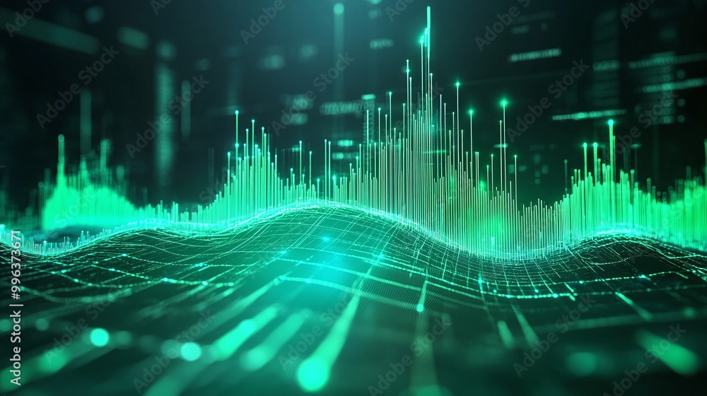 Poster abstract digital wave with glowing green lines and data visualization effect on a dark background.
