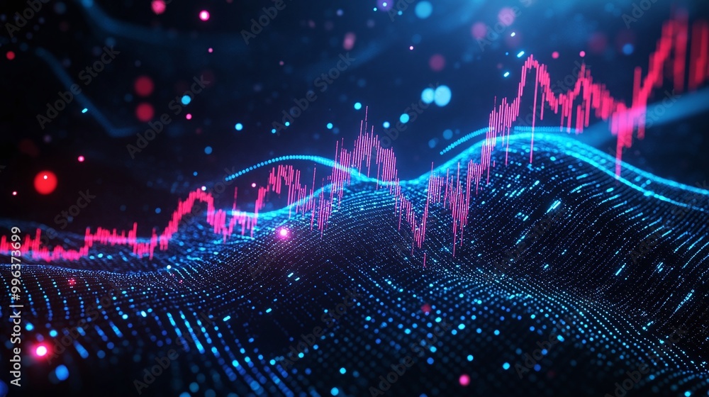 Poster abstract digital wave with glowing lines and particles depicting data flow.