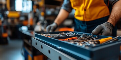 Auto mechanic arranging tools in a drawer, organized workspace in background, bright atmosphere enhancing professionalism and orderliness
