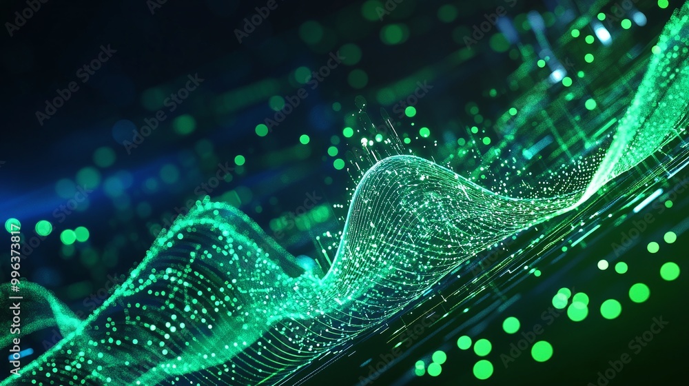 Aufkleber abstract digital wave with green dots and lines, representing data transmission and modern technolog