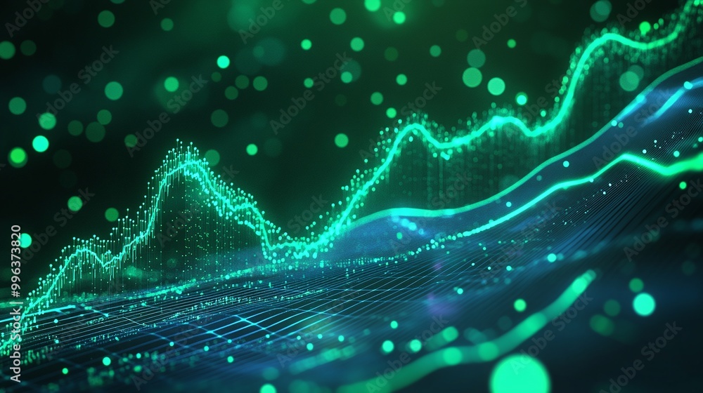 Poster abstract digital wave with glowing particles, representing data and technology in a futuristic style