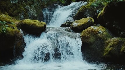 Fototapeta premium Cascading Water in a Lush Forest