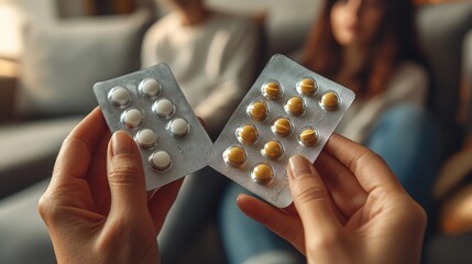 Close-up of hands holding two blister packs of pills with a couple sitting on the couch in the background.